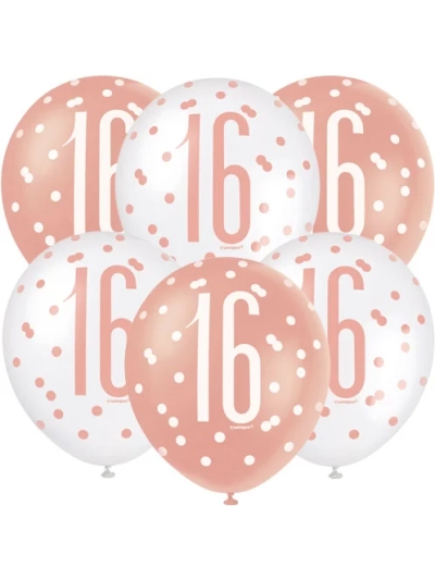 GLITZ 12" ROSE GOLD AGE 16 ASSORTED BALLOONS PK6