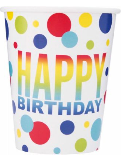 UNIQUE RAINBOW SPOT BDAY 9OZ CUPS PK8