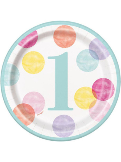 UNIQUE 7" PINK DOTS 1ST BIRTHDAY ROUND PLATES PK8