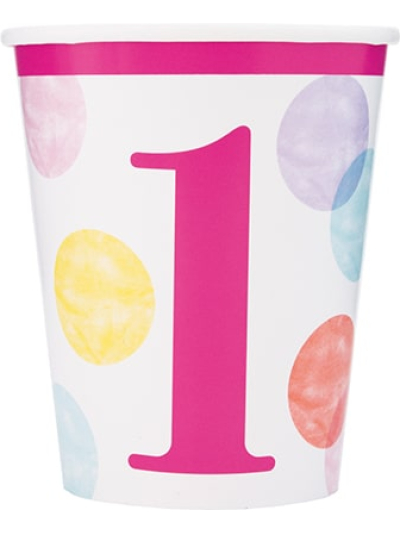 UNIQUE PINK DOTS 1ST BDAY 9OZ CUPS PK8