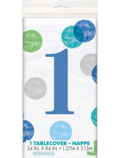 UNIQUE 54"X 84" BLUE DOTS 1ST BIRTHDAY TABLECOVER