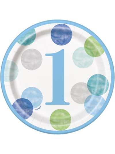 UNIQUE 7" BLUE DOTS 1T BIRTHDAY ROUND PLATES PK8
