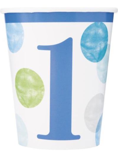 UNIQUE BLUE DOTS 1T BDAY 9OZ CUPS PK8