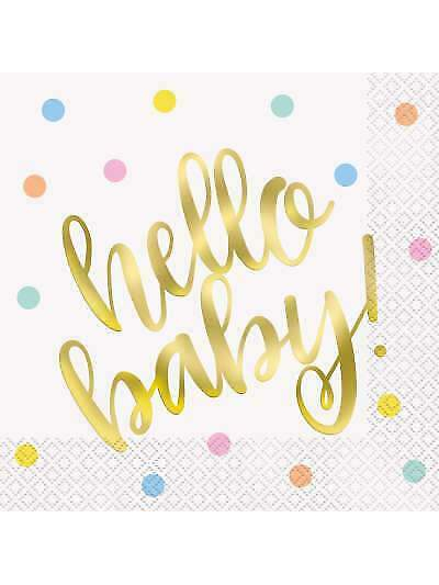 UNIQUE HELLO BABY GOLD BABY SHOWER LUNCHEON NAPKINS PK16