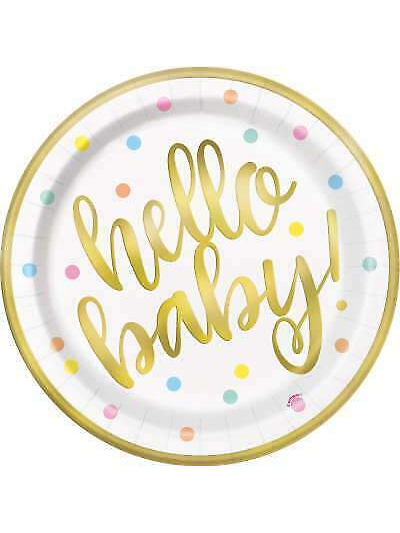 UNIQUE 9" HELLO BABY GOLD BABY SHOWER PLATES