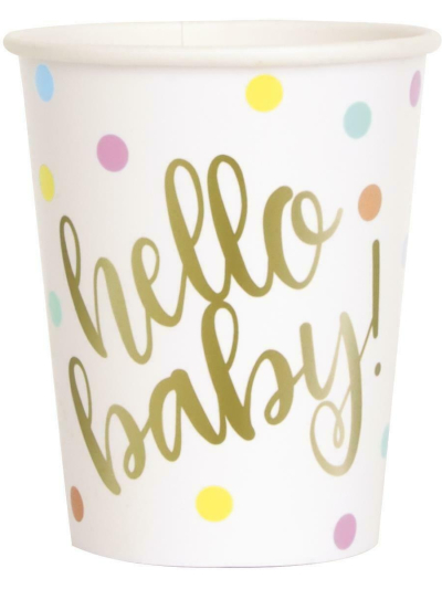 UNIQUE HELLO BABY GOLD BABY SHOWER 9OZ CUPS PK8