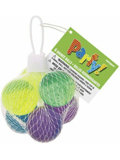 UNIQUE 6 BOUNCE BALLS CLEAR GLITTER-NET BAG