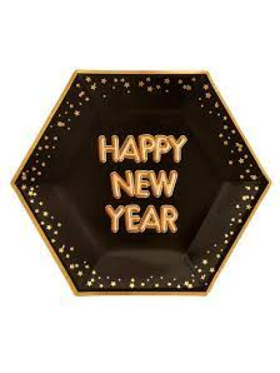NEVITI GLITZ & GLAMOUR- BLACK HAPPY NEW YEAR 8 PAPER PLATES