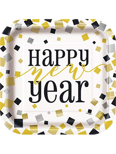 UNIQUE 9" BLACK, GOLD, SILVER NEW YEAR 8 PLATES