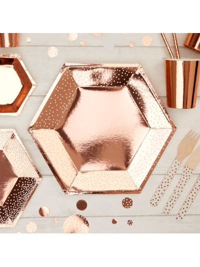 ROSE GOLD & WHITE DOTS MEDIUM PLATES PK8