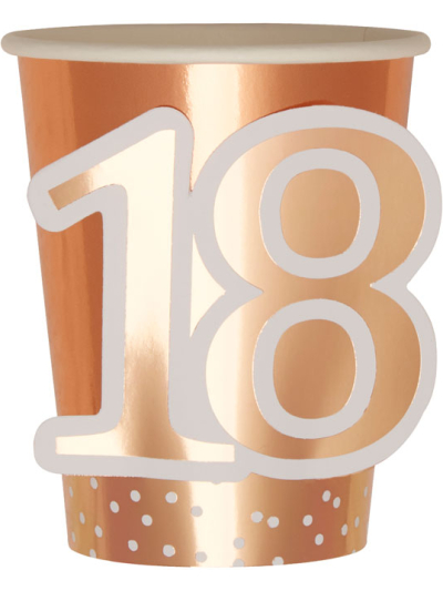 ROSE GOLD 18TH BIRTHDAY CUPS PK8