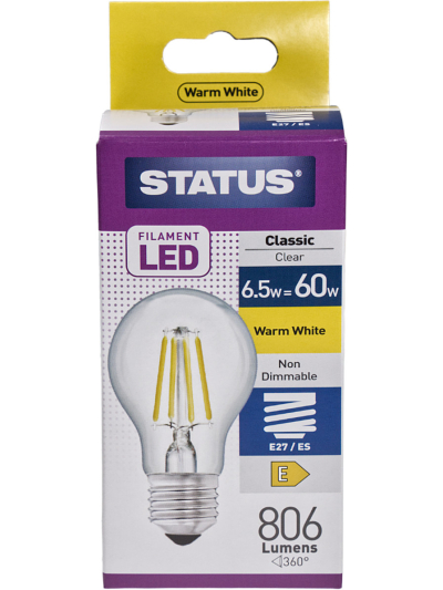 STATUS FILAMENT LED CLASSIC CLEAR "WARM WHITE" E27/ES 6.5W=60W