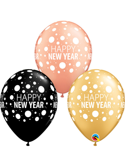 QUALATEX 11" ROUND HAPPY YEAR DOTS BALLOON PK25