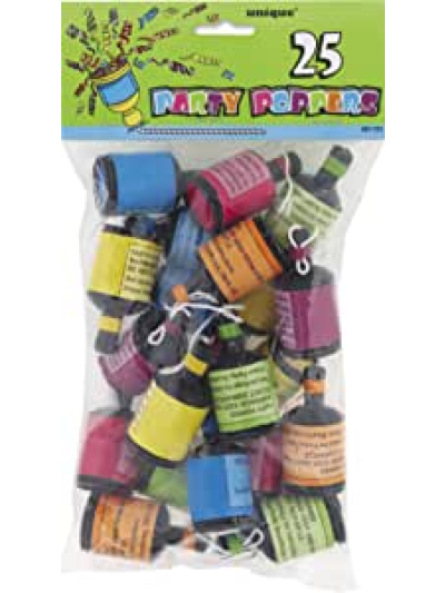 UNIQUE 25 ASST PARTY POPPERS