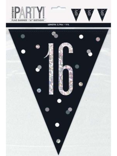 GLITZ BLK HAPPY 16TH BIRTHDAY FLAG BANNER
