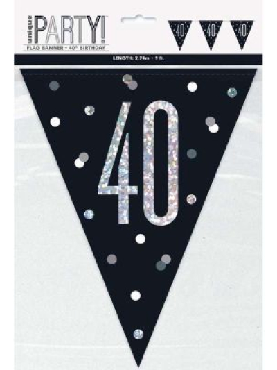 GLITZ BLK HAPPY 40TH BIRTHDAY FLAG BANNER