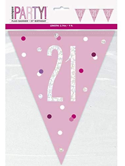 UNIQUE GLITZ PINK HAPPY 21ST BIRTHDAY FLAG BANNER 9FT