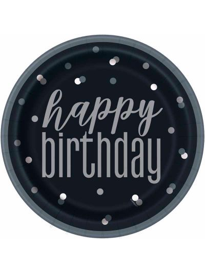 UNIQUE GLITZ 9" BLACK SILVER DOT BIRTHDAY PLATES PK8