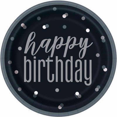 UNIQUE GLITZ 9" BLACK SILVER DOT BIRTHDAY PLATES PK8