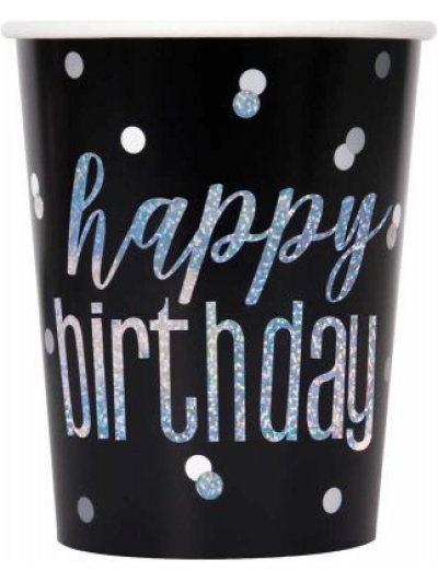 UNIQUE GLITZ BLACK SILVER DOT BIRTHDAY 9OZ CUPS PK8