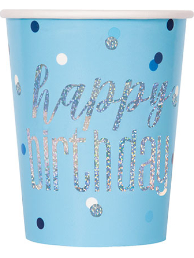 UNIQUE GLITZ BLUE HAPPY BIRTHDAY PRSM 9OZ CUPS