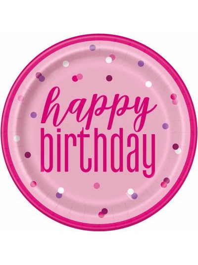 UNIQUE GLITZ 9" PINK SILVER DOT BIRTHDAY PLATES PK8