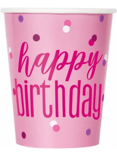 UNIQUE GLITZ PINK SILVER DOT BIRTHDAY 9OZ CUPS PK8
