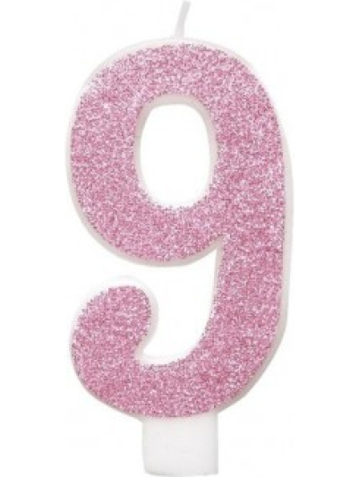 UNIQUE MET PINK GLITTER  BIRTHDAY CANDLE NUMBER 9