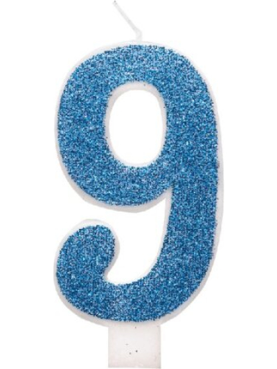 MET BLUE GLITTER  BIRTHDAY CANDLE NUMBER 9