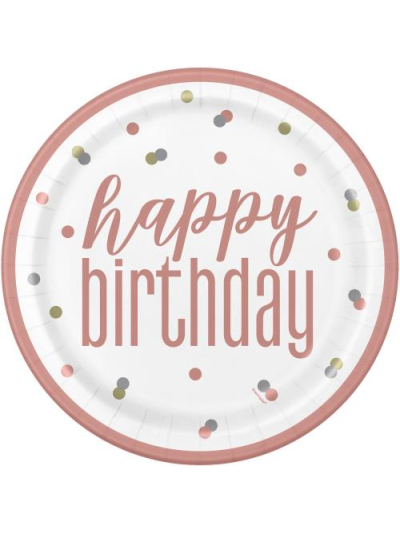 UNIQUE GLITZ 9" ROSE GOLD BIRTHDAY ROUND PLATES PK8