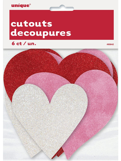 UNIQUE 6 HEARTS ASST MINI GLITTER CUT OUTS