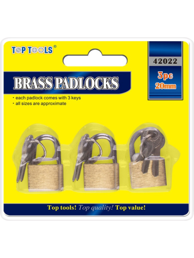 TOP TOOLS BRASS PADLOCKS 3PC, 20MM WITH 3 KEYS