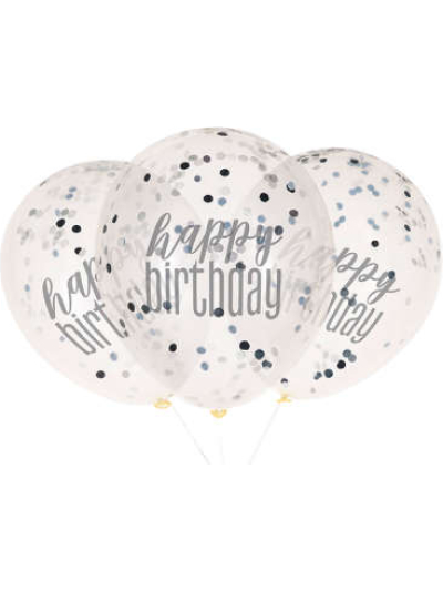 UNIQUE 12" CLEAR BLACK CONFETTI HAPPY BIRTHDAY BALLOON PK6