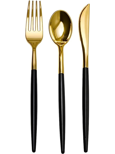 UNIQUE METALLIC GOLD &  BLACK PLASTIC CUTLERY PK12