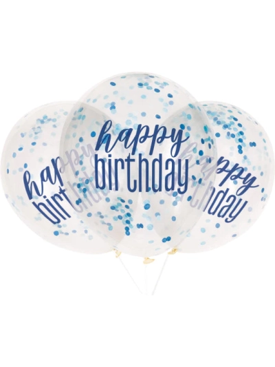 UNIQUE 12" CLEAR BLUE CONFETTI HAPPY BIRTHDAY BALLOON PK6