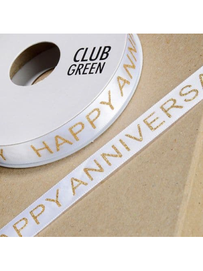 HAPPY ANNIVERSARY RIBBON WHT/GLD 15X25M