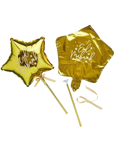 HOOTYBALLOO GOLD EID MINI 9IN STAR FOIL BALLOON WANDS PK5