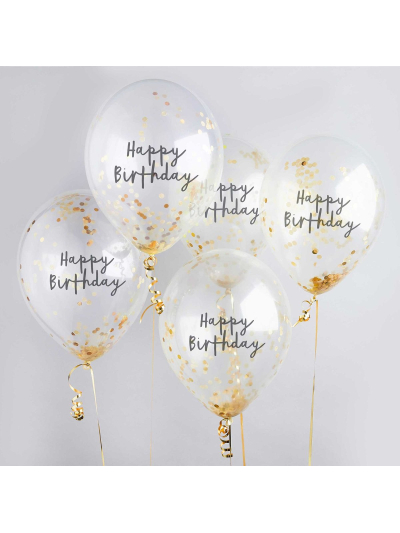 GOLD HAPPY BDAY CONFETTI BALLOONS PK5