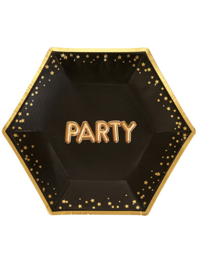 UNIQUE BLACK & GOLD PARTY MEDIUM HEXAGONAL DISPOSABLE PLATES