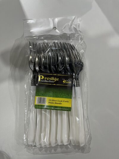 PRESTIGE COLLECTION SILVER LOOK FORKS WHITE HANDLE PK10