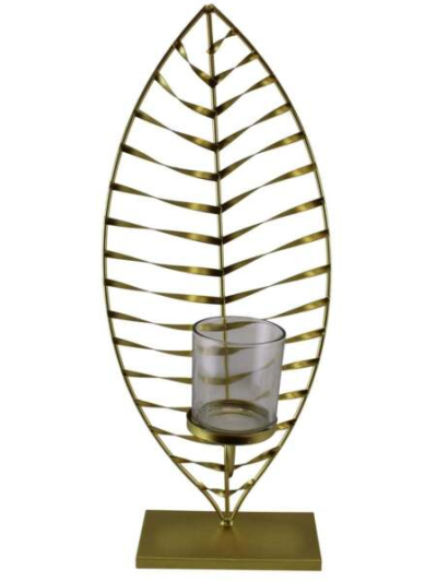 LARGE GOLD LEAF CANDLE HOLDER WITH GLASS JAR 46.5 X 19CM