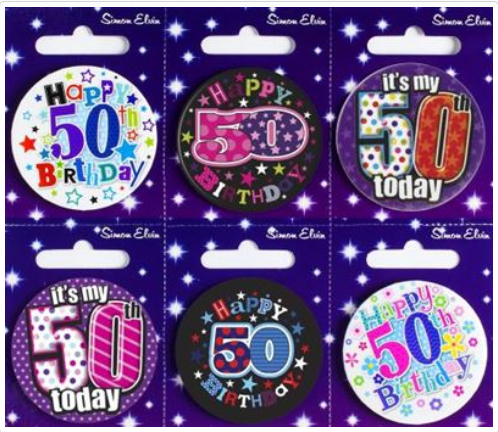 S/ELVIN BADGE AGE 50 54MM: ASSORTED: SEND ACCORDING TO AVAIBILITY