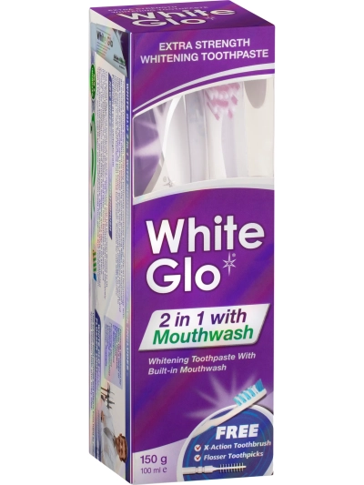 EXTRA STRENGHT WHITENING TOOTHPASTE WHITE GLO 2 IN 1 WITH MOUTHWASH,150G