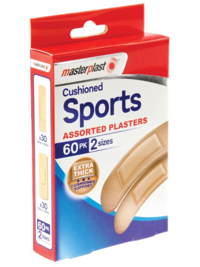 MASTERPLAST CUSHIONED SPORTS ASSORTED PLASTERS 40PK 2 SIZES