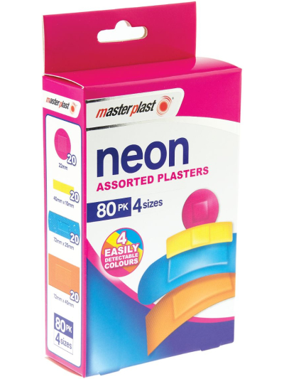 MASTERPLAST NEON ASSORTED PLASTERS 80PK:4 SIZES