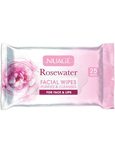NUAGE ROSEWATER FACIAL WIPES PURIFIES & CLEANSES FOR FACE & LIPS- 25 WIPES