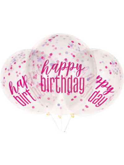 UNIQUE 12" CLEAR PINK CONFETTI HAPPY BIRTHDAY BALLOON PK6