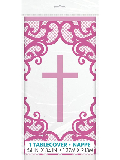 UNIQUE 54X84IN FANCY PINK CROSS PLASTIC TABLECOVER
