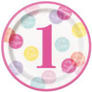 UNIQUE 9" PINK DOTS 1ST BIRTHDAY ROUND PLATES PK8