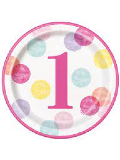 UNIQUE 9" PINK DOTS 1ST BIRTHDAY ROUND PLATES PK8